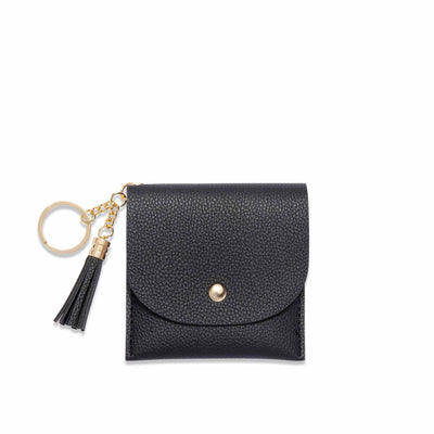 Lark and Ives / Vegan Leather Accessories / Small Accessories / Wallet / Mini Wallet / Card Case / Card Holder / Button snap closure / Flap Wallet / Card Purse with Gold Button and Keyring / Black