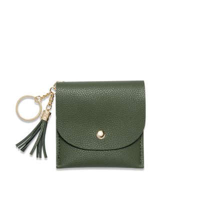 Lark and Ives / Vegan Leather Accessories / Small Accessories / Wallet / Mini Wallet / Card Case / Card Holder / Button snap closure / Flap Wallet / Card Purse with Gold Button and Keyring / Dark Green