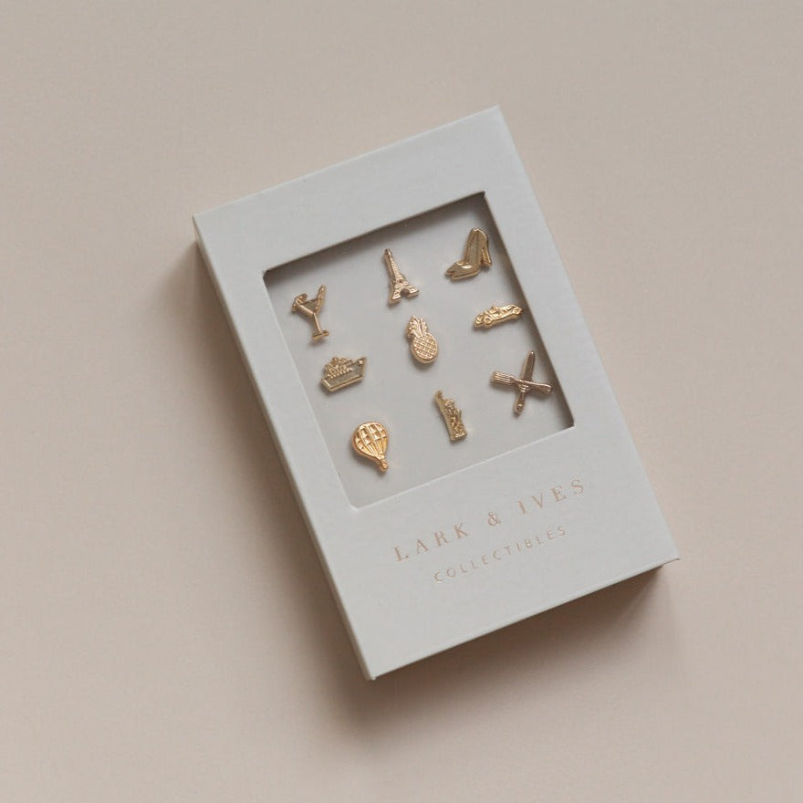 Lark and Ives / Lapel Pins / Pushboard Pins / Gold Pin / Gold Accessories / Set of 9 pins / Dreamboard Ideas / Dreamboard Pins 