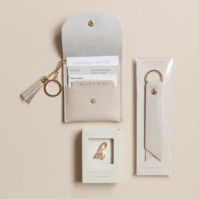 Lark and Ives Beige Card Purse with Pin and Keyholder / Wallet with Pin and Keychain / Lapel Pin / Keychain / Vegan Leather Accessories