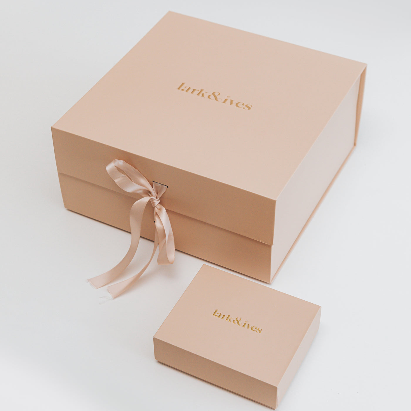 Lark and Ives / Gift Box / Gift Ideas / Gift Guide / Gift Wrapping / Gift Wrap / Bridesmaid Gift / Nude Pink / Gold Embossing / Gold Lettering / Large Gift Box and Small Gift Box