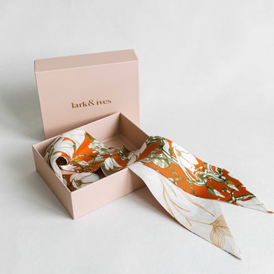 Lark and Ives / Silk Scarf / Twilly Scarf / Thin Scarf / Purse Accessories / Hair Accessories / Magnolia and Abstract Floral Pattern / Twilly in small gift box