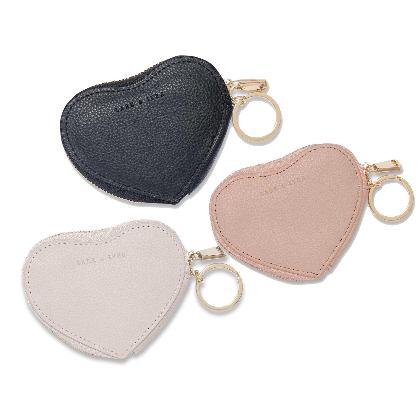 Lark and Ives / Vegan Leather Accessories / Small Accessories / Coin Purse / Heart shaped / Coin Pouch / Mini Wallet / Black, Nude Pink and Light Grey / Set of three