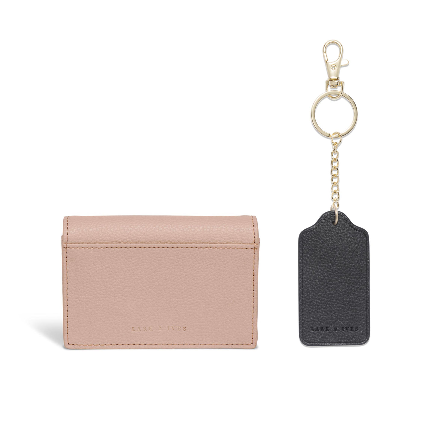 Lark and Ives / Vegan Leather Accessories / Small Accessories / Wallet / Mini Wallet / Card Case / Card Holder / Button snap closure / Fold Wallet / Tag Keychain / Keychain / Key Holder / Nude Pink Case and Black Keychain