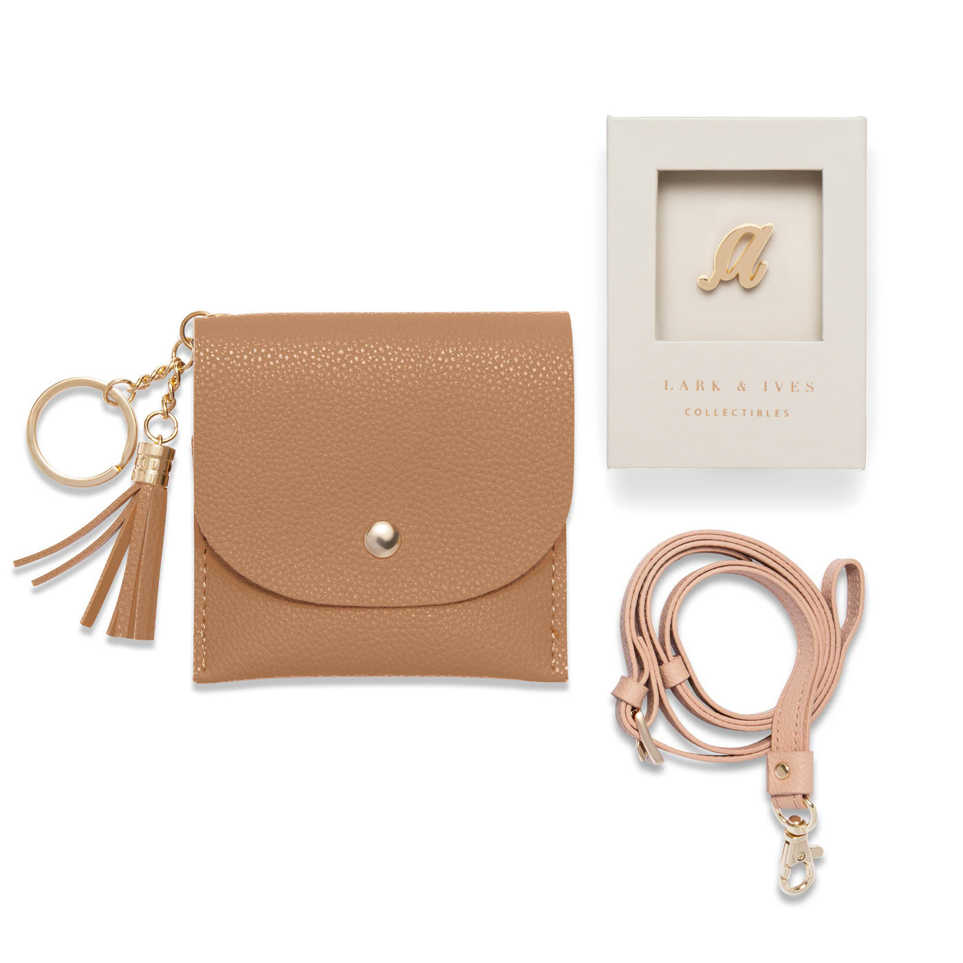 Lark and Ives / Vegan Leather Accessories / Small Accessories / Wallet / Mini Wallet / Card Case / Card Holder / Button snap closure / Flap Wallet / Card Purse with Gold Button and Keyring / Lanyard / Card Purse with Lanyard  and Monogram Pin  / Brown