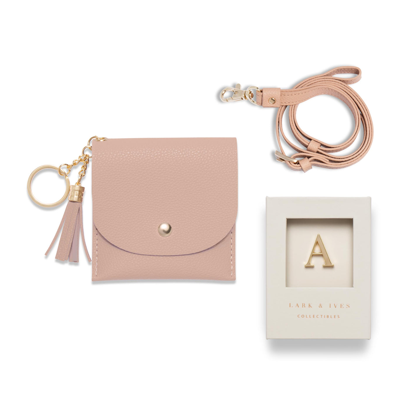 Lark and Ives / Vegan Leather Accessories / Small Accessories / Wallet / Mini Wallet / Card Case / Card Holder / Button snap closure / Flap Wallet / Card Purse with Gold Button and Keyring / Lanyard / Card Purse with Lanyard and Monogram Pin / Nude Pink