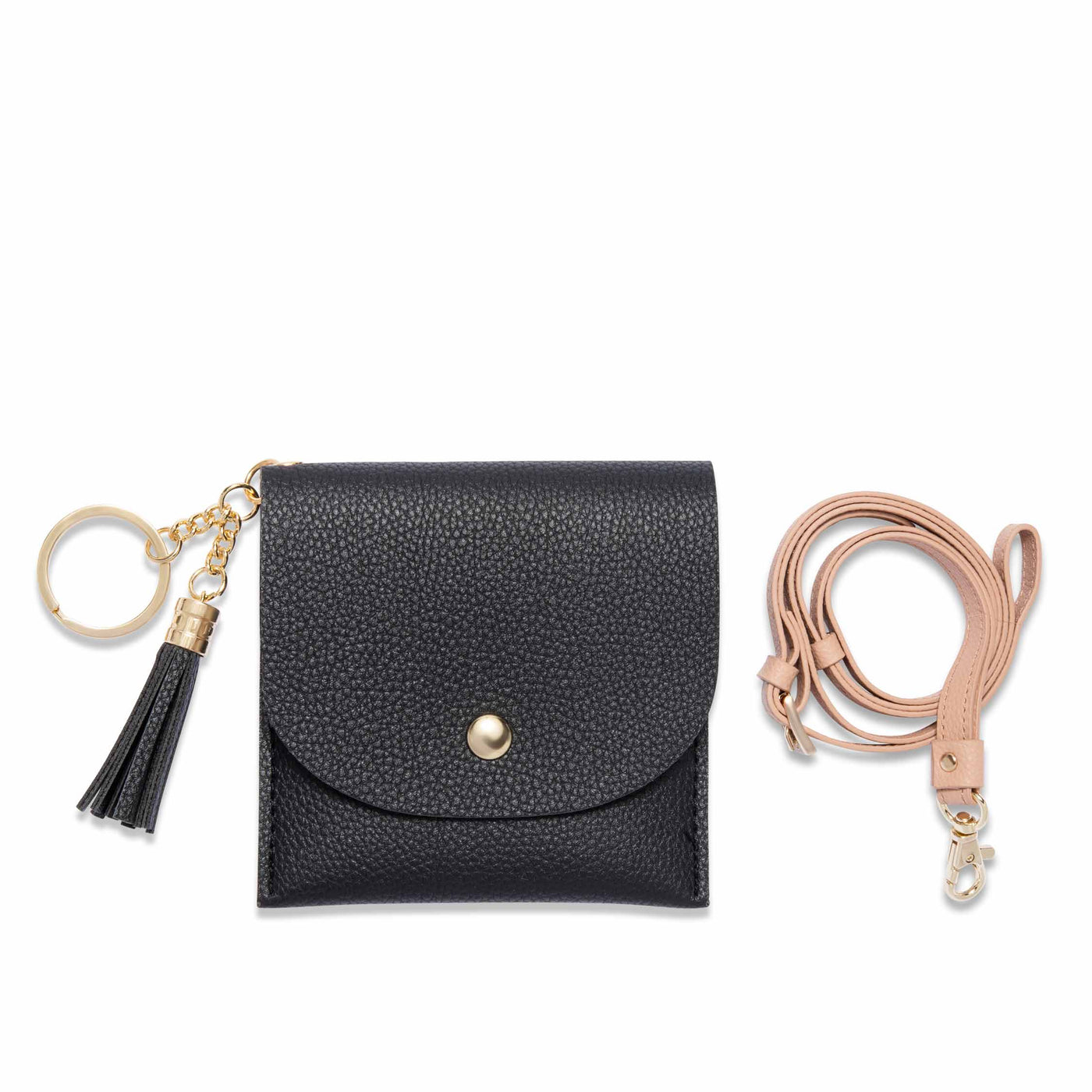 Lark and Ives / Vegan Leather Accessories / Small Accessories / Wallet / Mini Wallet / Card Case / Card Holder / Button snap closure / Flap Wallet / Card Purse with Gold Button and Keyring / Lanyard / Card Purse with Lanyard / Black