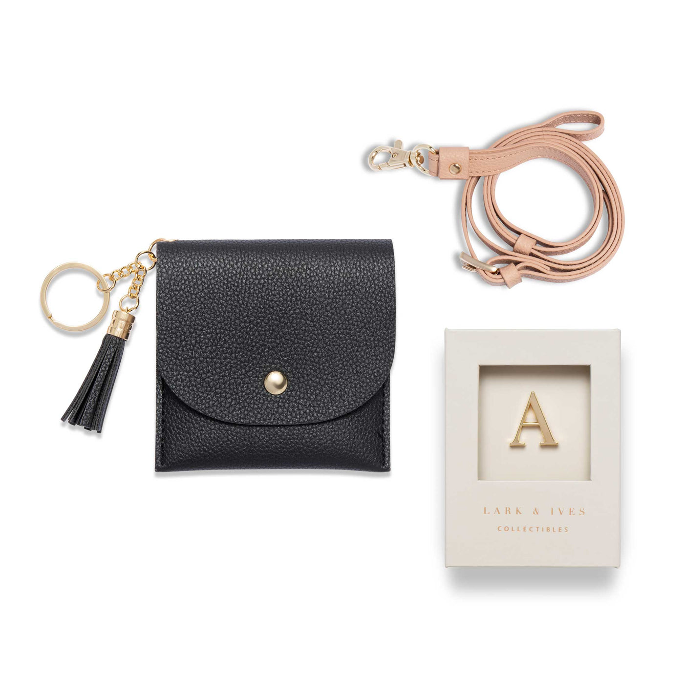 Lark and Ives / Vegan Leather Accessories / Small Accessories / Wallet / Mini Wallet / Card Case / Card Holder / Button snap closure / Flap Wallet / Card Purse with Gold Button and Keyring / Lanyard / Card Purse with Lanyard and Monogram Pin / Black