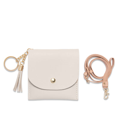 Lark and Ives / Vegan Leather Accessories / Small Accessories / Wallet / Mini Wallet / Card Case / Card Holder / Button snap closure / Flap Wallet / Card Purse with Gold Button and Keyring / Lanyard / Card Purse with Lanyard / Light Beige