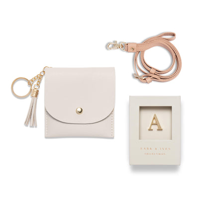 Lark and Ives / Vegan Leather Accessories / Small Accessories / Wallet / Mini Wallet / Card Case / Card Holder / Button snap closure / Flap Wallet / Card Purse with Gold Button and Keyring / Lanyard / Card Purse with Lanyard and Monogram Pin / Cream