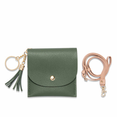 Lark and Ives / Vegan Leather Accessories / Small Accessories / Wallet / Mini Wallet / Card Case / Card Holder / Button snap closure / Flap Wallet / Card Purse with Gold Button and Keyring / Lanyard / Card Purse with Lanyard / Dark Green