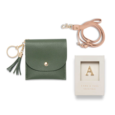 Lark and Ives / Vegan Leather Accessories / Small Accessories / Wallet / Mini Wallet / Card Case / Card Holder / Button snap closure / Flap Wallet / Card Purse with Gold Button and Keyring / Lanyard / Card Purse with Lanyard and Monogram Pin / Dark Green