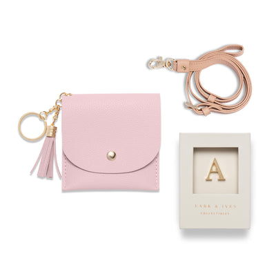 Lark and Ives / Vegan Leather Accessories / Small Accessories / Wallet / Mini Wallet / Card Case / Card Holder / Button snap closure / Flap Wallet / Card Purse with Gold Button and Keyring / Lanyard / Card Purse with Lanyard and Monogram Pin / Light Pink
