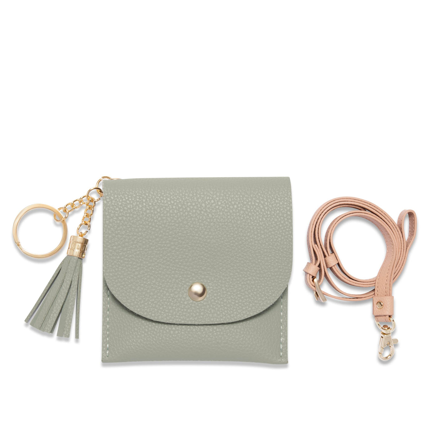 Lark and Ives / Vegan Leather Accessories / Small Accessories / Wallet / Mini Wallet / Card Case / Card Holder / Button snap closure / Flap Wallet / Card Purse with Gold Button and Keyring / Lanyard / Card Purse with Lanyard / Pale Green