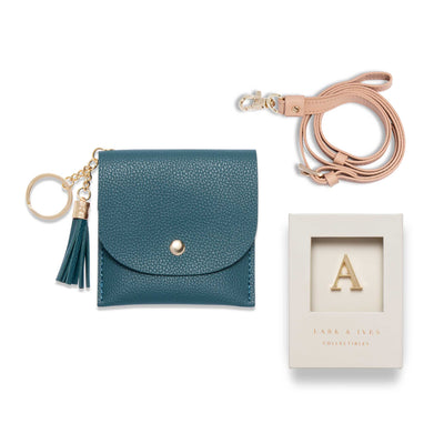 Lark and Ives / Vegan Leather Accessories / Small Accessories / Wallet / Mini Wallet / Card Case / Card Holder / Button snap closure / Flap Wallet / Card Purse with Gold Button and Keyring / Lanyard / Card Purse with Lanyard and Monogram Pin / Blue
