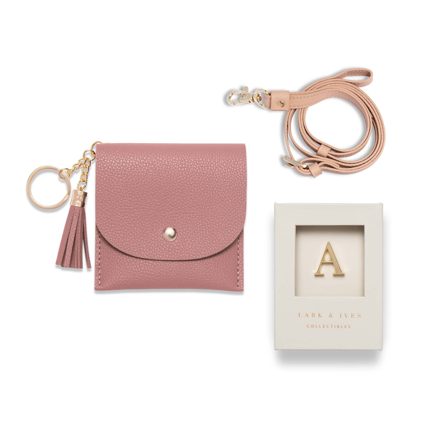 Lark and Ives / Vegan Leather Accessories / Small Accessories / Wallet / Mini Wallet / Card Case / Card Holder / Button snap closure / Flap Wallet / Card Purse with Gold Button and Keyring / Lanyard / Card Purse with Lanyard  and Monogram Pin  / Dark Pink