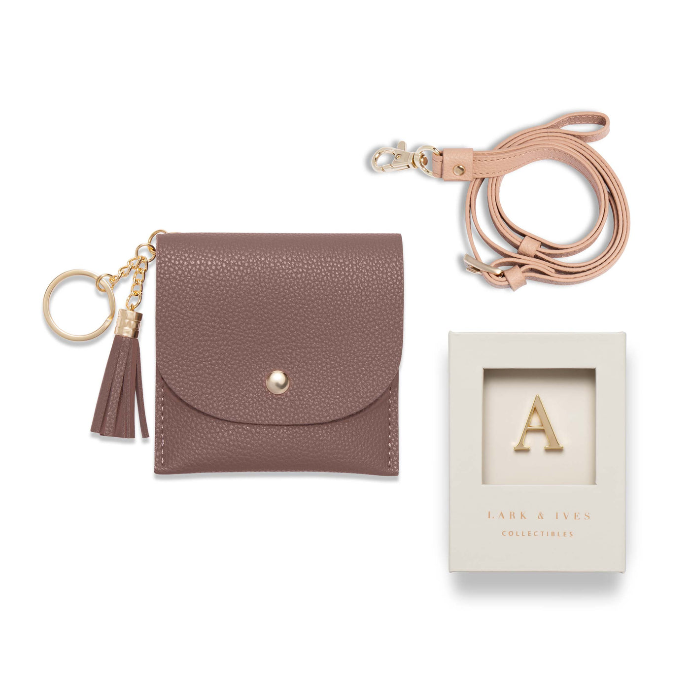 Lark and Ives / Vegan Leather Accessories / Small Accessories / Wallet / Mini Wallet / Card Case / Card Holder / Button snap closure / Flap Wallet / Card Purse with Gold Button and Keyring / Lanyard / Card Purse with Lanyard and Monogram Pin / Mauve