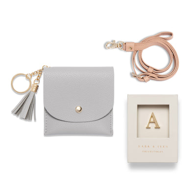 Lark and Ives / Vegan Leather Accessories / Small Accessories / Wallet / Mini Wallet / Card Case / Card Holder / Button snap closure / Flap Wallet / Card Purse with Gold Button and Keyring / Lanyard / Card Purse with Lanyard and Monogram Pin / Grey