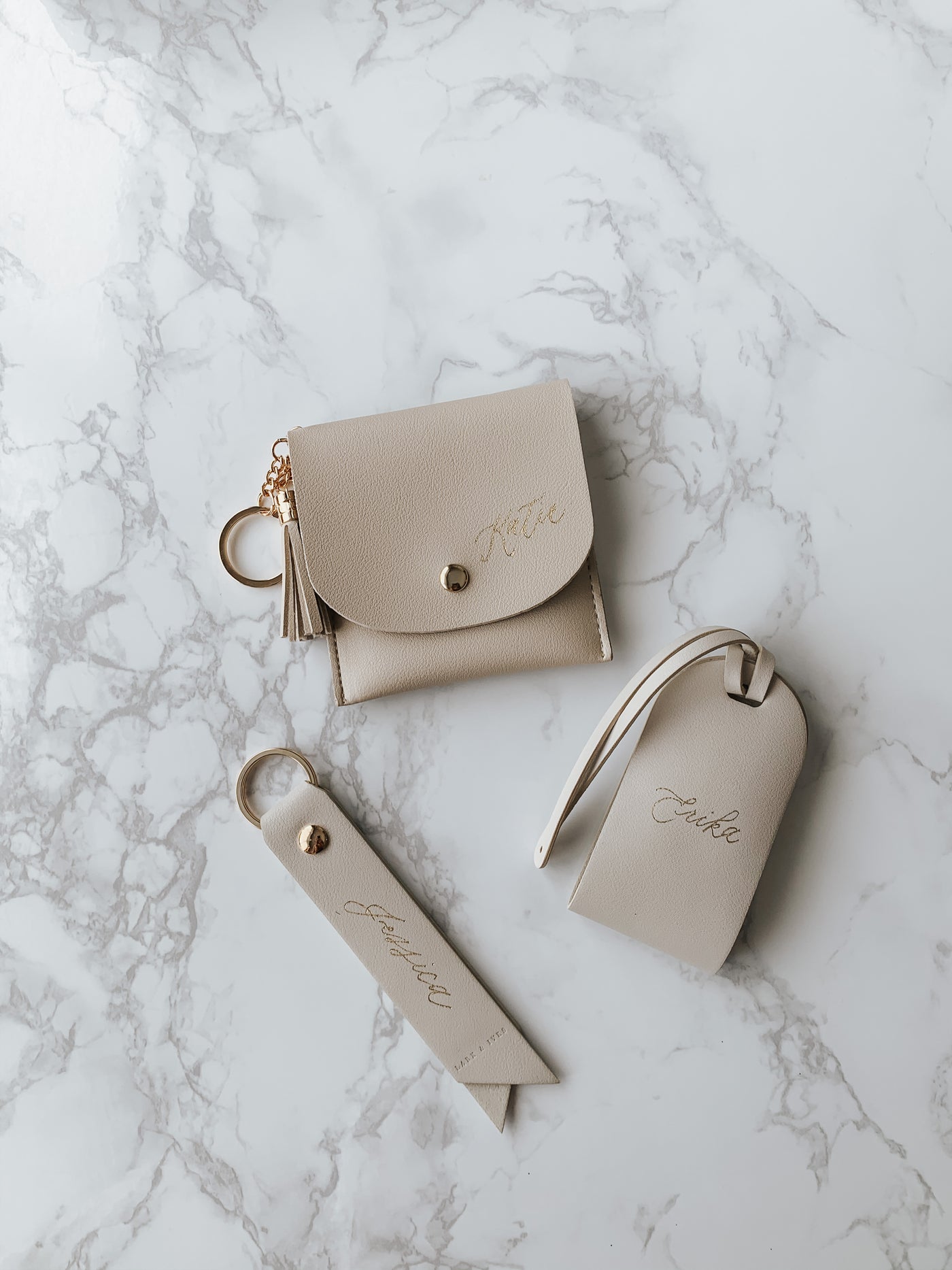 Lark and Ives / Vegan Leather Accessories / Keychain / Keyring / Strap Keychain / Minimal Accessories / Nude Pink / Neutral Colours / Personalized Keyholder along with Card Purse and Luggage Tag