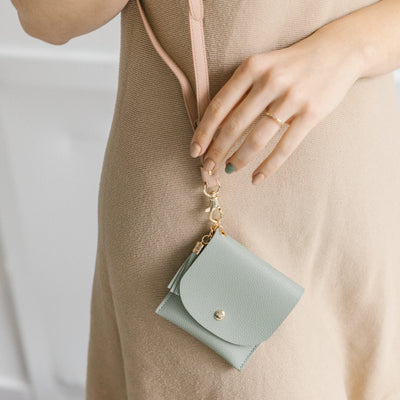 Lark and Ives / Vegan Leather Accessories / Small Accessories / Wallet / Mini Wallet / Card Case / Card Holder / Button snap closure / Flap Wallet / Card Purse with Gold Button and Keyring / Lanyard / Card Purse with Lanyard / Pale Green
