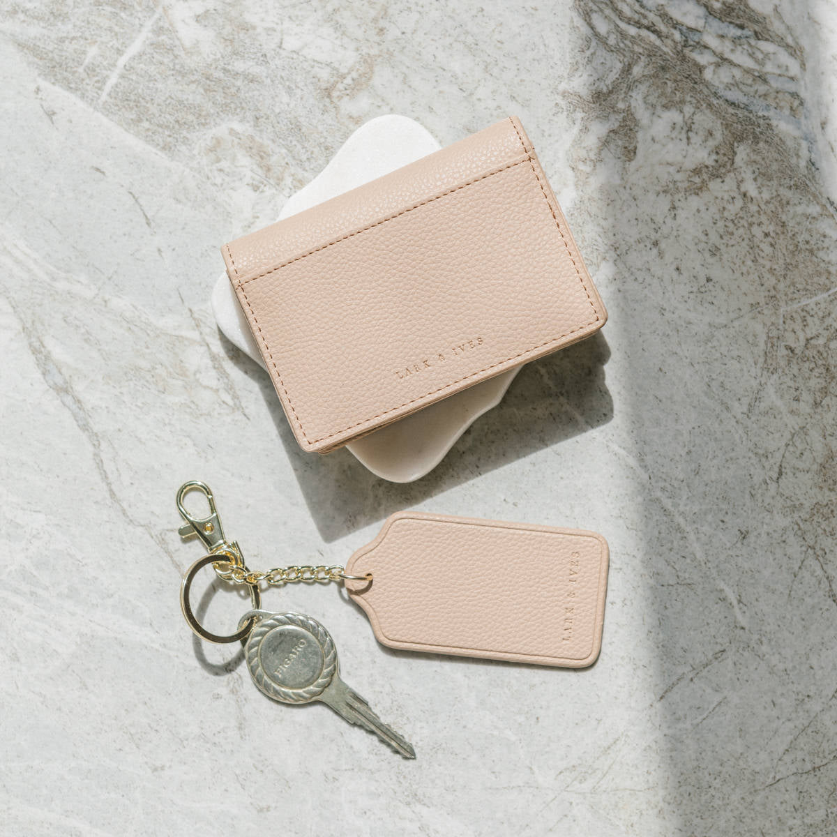 Lark and Ives / Vegan Leather Accessories / Small Accessories / Wallet / Mini Wallet / Card Case / Card Holder / Button snap closure / Fold Wallet / Tag Keychain / Keychain / Key Holder / Nude Pink Card Case and Keychain