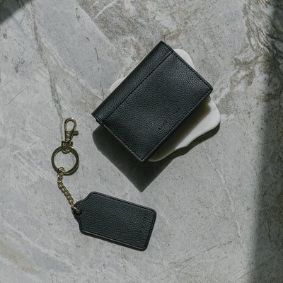 Lark and Ives / Vegan Leather Accessories / Small Accessories / Wallet / Mini Wallet / Card Case / Card Holder / Button snap closure / Fold Wallet / Tag Keychain / Keychain / Key Holder / Black Card Case and Keychain