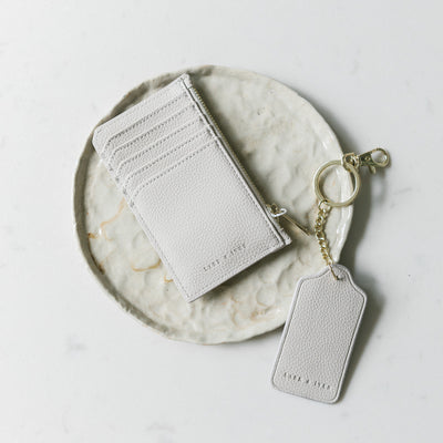 Lark and Ives / Vegan Leather Accessories / Small Accessories / Wallet / Mini Wallet / Card Case / Card Holder / Zippered Wallet / Zipper closure / Keychain / Key ring / Tag Keychain / Beige Holder and Beige Keychain