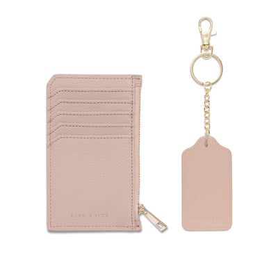 Lark and Ives / Vegan Leather Accessories / Small Accessories / Wallet / Mini Wallet / Card Case / Card Holder / Zippered Wallet / Zipper closure / Keychain / Key ring / Tag Keychain / Nude Piink Holder and Nude Pink Keychain