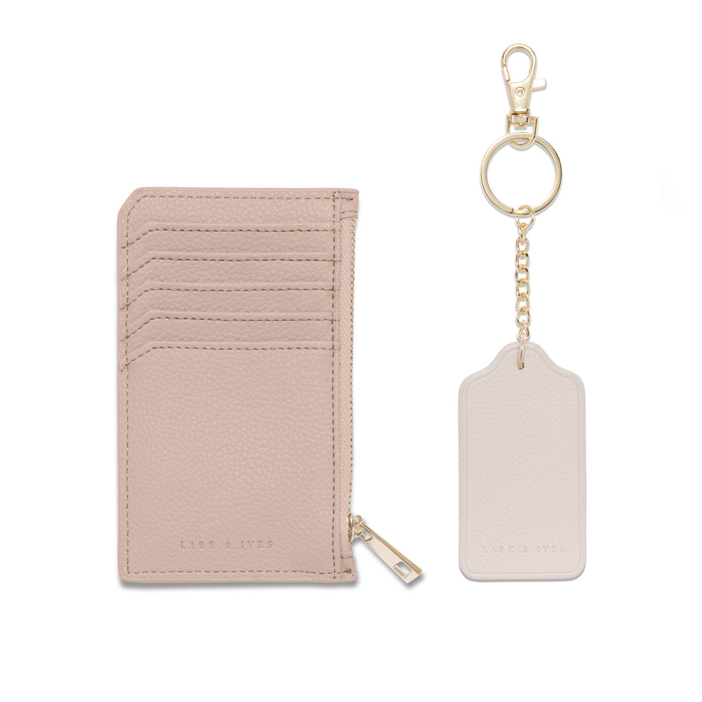 Lark and Ives / Vegan Leather Accessories / Small Accessories / Wallet / Mini Wallet / Card Case / Card Holder / Zippered Wallet / Zipper closure / Keychain / Key ring / Tag Keychain / Nude Pink Holder and Beige Keychain