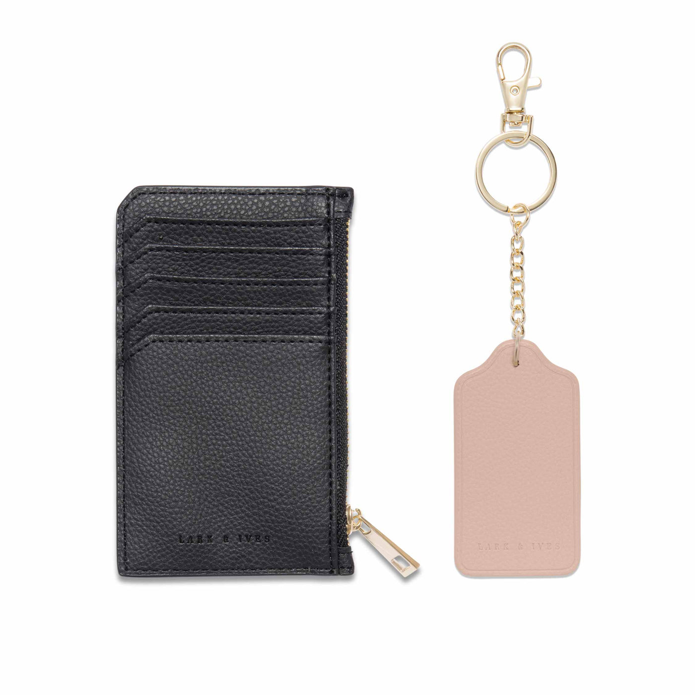 Lark and Ives / Vegan Leather Accessories / Small Accessories / Wallet / Mini Wallet / Card Case / Card Holder / Zippered Wallet / Zipper closure / Keychain / Key ring / Tag Keychain / Black Holder and Nude Pink Keychain
