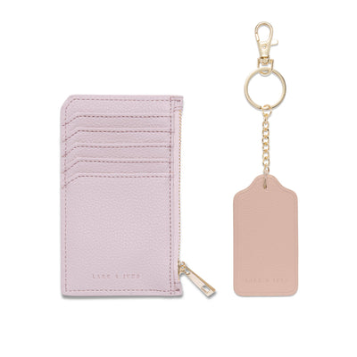 Lark and Ives / Vegan Leather Accessories / Small Accessories / Wallet / Mini Wallet / Card Case / Card Holder / Zippered Wallet / Zipper closure / Keychain / Key ring / Tag Keychain / Light Purple Holder and Nude Pink Keychain