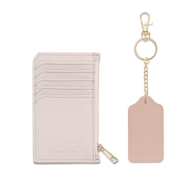 Lark and Ives / Vegan Leather Accessories / Small Accessories / Wallet / Mini Wallet / Card Case / Card Holder / Zippered Wallet / Zipper closure / Keychain / Key ring / Tag Keychain / Beige Holder and Nude Pink Keychain