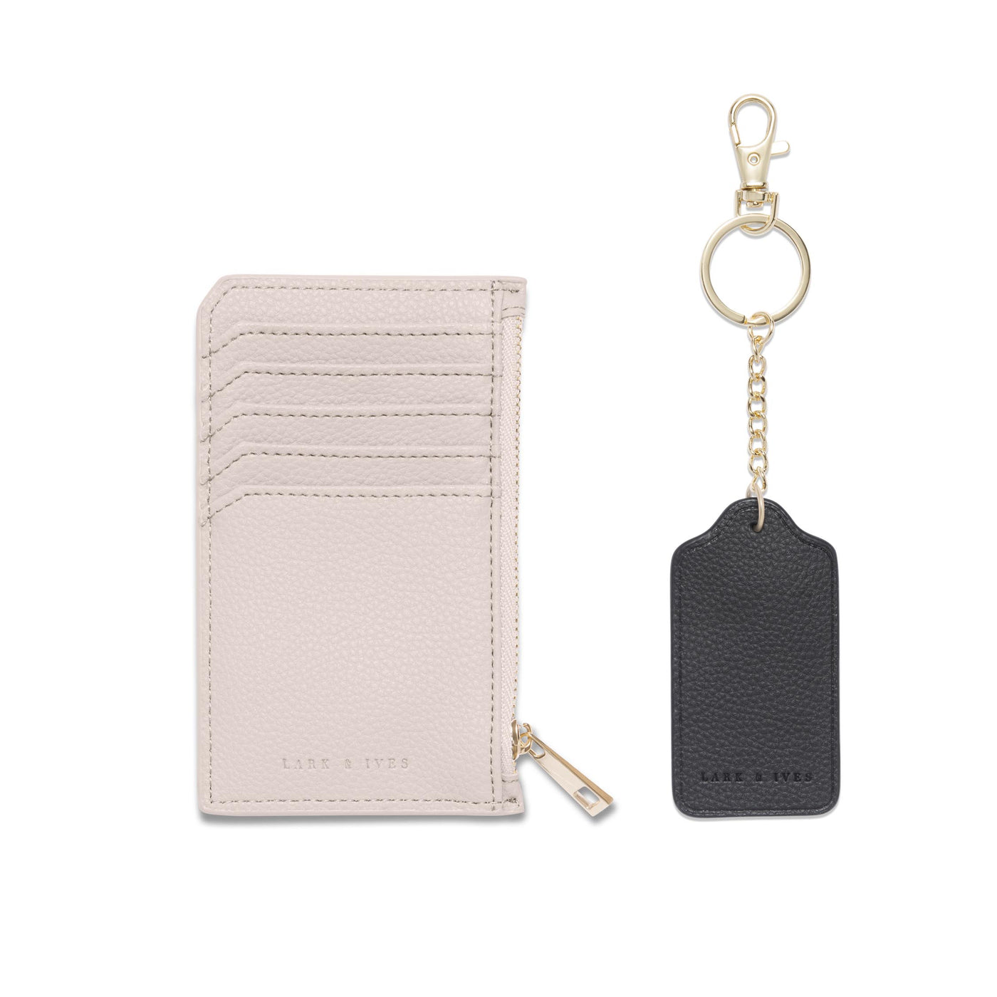 Lark and Ives / Vegan Leather Accessories / Small Accessories / Wallet / Mini Wallet / Card Case / Card Holder / Zippered Wallet / Zipper closure / Keychain / Key ring / Tag Keychain / Beige Holder and Black Keychain