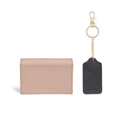 Lark and Ives / Vegan Leather Accessories / Small Accessories / Wallet / Mini Wallet / Card Case / Card Holder / Button snap closure / Fold Wallet / Tag Keychain / Keychain / Key Holder / Nude Pink Card Case and Black Keychain