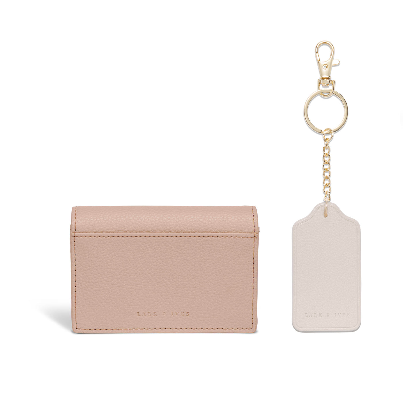 Lark and Ives / Vegan Leather Accessories / Small Accessories / Wallet / Mini Wallet / Card Case / Card Holder / Button snap closure / Fold Wallet / Tag Keychain / Keychain / Key Holder / Nude Pink Card Case and Light Beige Keychain