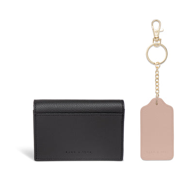 Lark and Ives / Vegan Leather Accessories / Small Accessories / Wallet / Mini Wallet / Card Case / Card Holder / Button snap closure / Fold Wallet / Tag Keychain / Keychain / Key Holder / Black Card Case and Nude Pink Keychain
