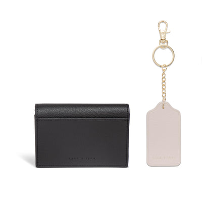 Lark and Ives / Vegan Leather Accessories / Small Accessories / Wallet / Mini Wallet / Card Case / Card Holder / Button snap closure / Fold Wallet / Tag Keychain / Keychain / Key Holder / Black Card Case and Light Beige Keychain