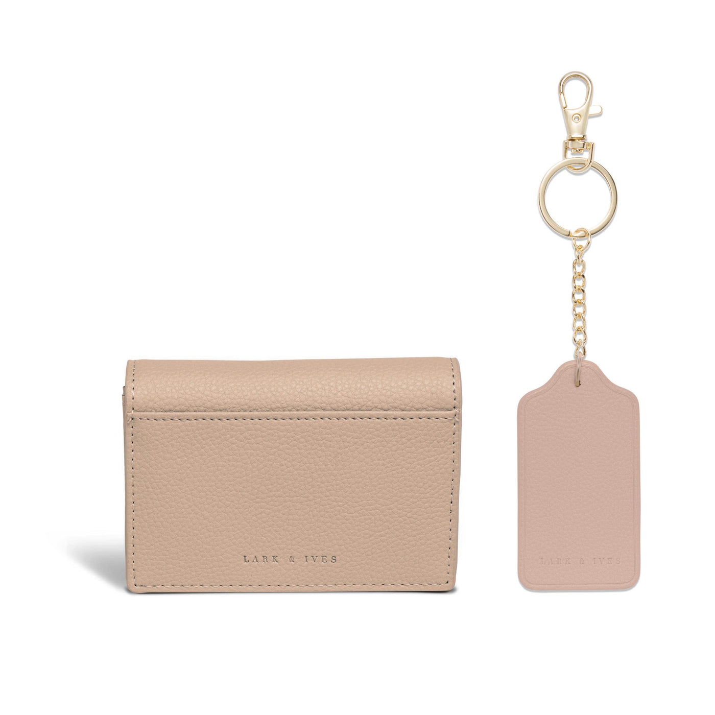 Lark and Ives / Vegan Leather Accessories / Small Accessories / Wallet / Mini Wallet / Card Case / Card Holder / Button snap closure / Fold Wallet / Tag Keychain / Keychain / Key Holder / Tan Card Case and Nude Pink Keychain