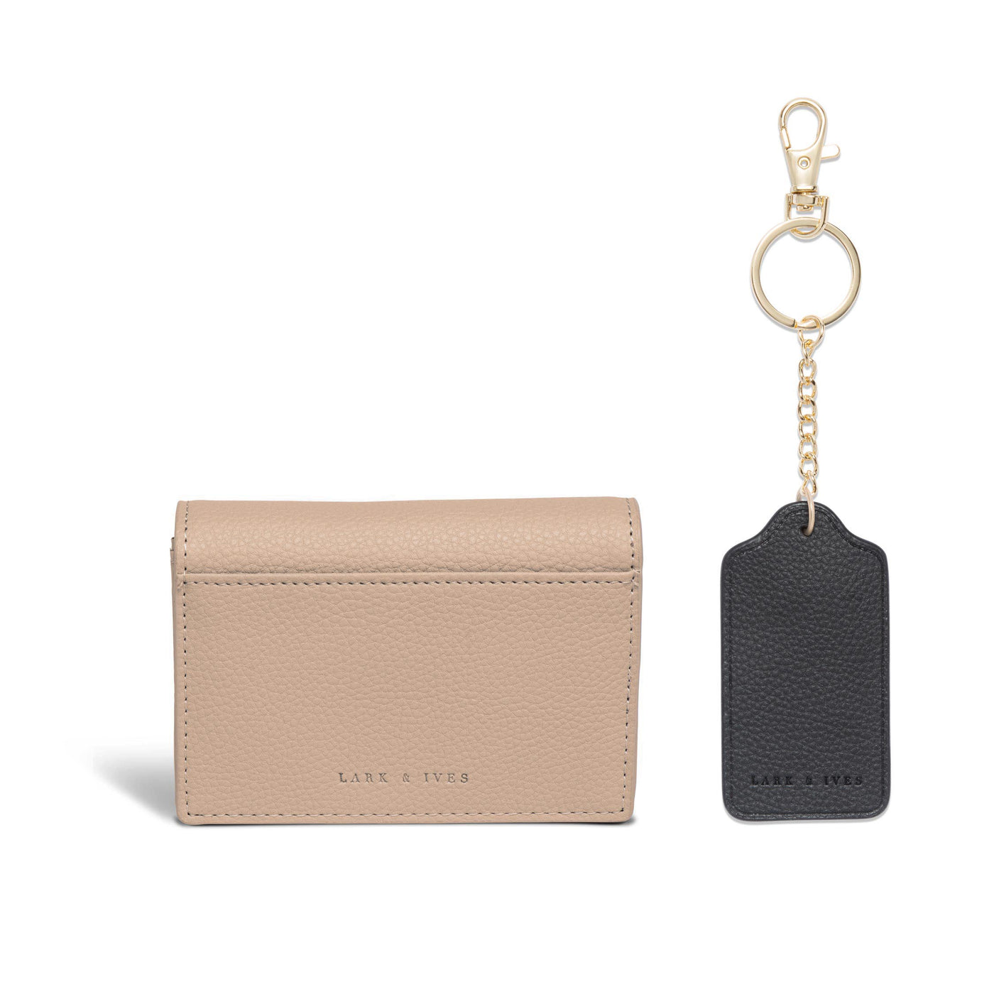 Lark and Ives / Vegan Leather Accessories / Small Accessories / Wallet / Mini Wallet / Card Case / Card Holder / Button snap closure / Fold Wallet / Tag Keychain / Keychain / Key Holder / Tan Card Case and Black Keychain