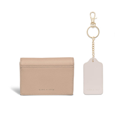 Lark and Ives / Vegan Leather Accessories / Small Accessories / Wallet / Mini Wallet / Card Case / Card Holder / Button snap closure / Fold Wallet / Tag Keychain / Keychain / Key Holder / Tan Card Case and Light Beige Keychain