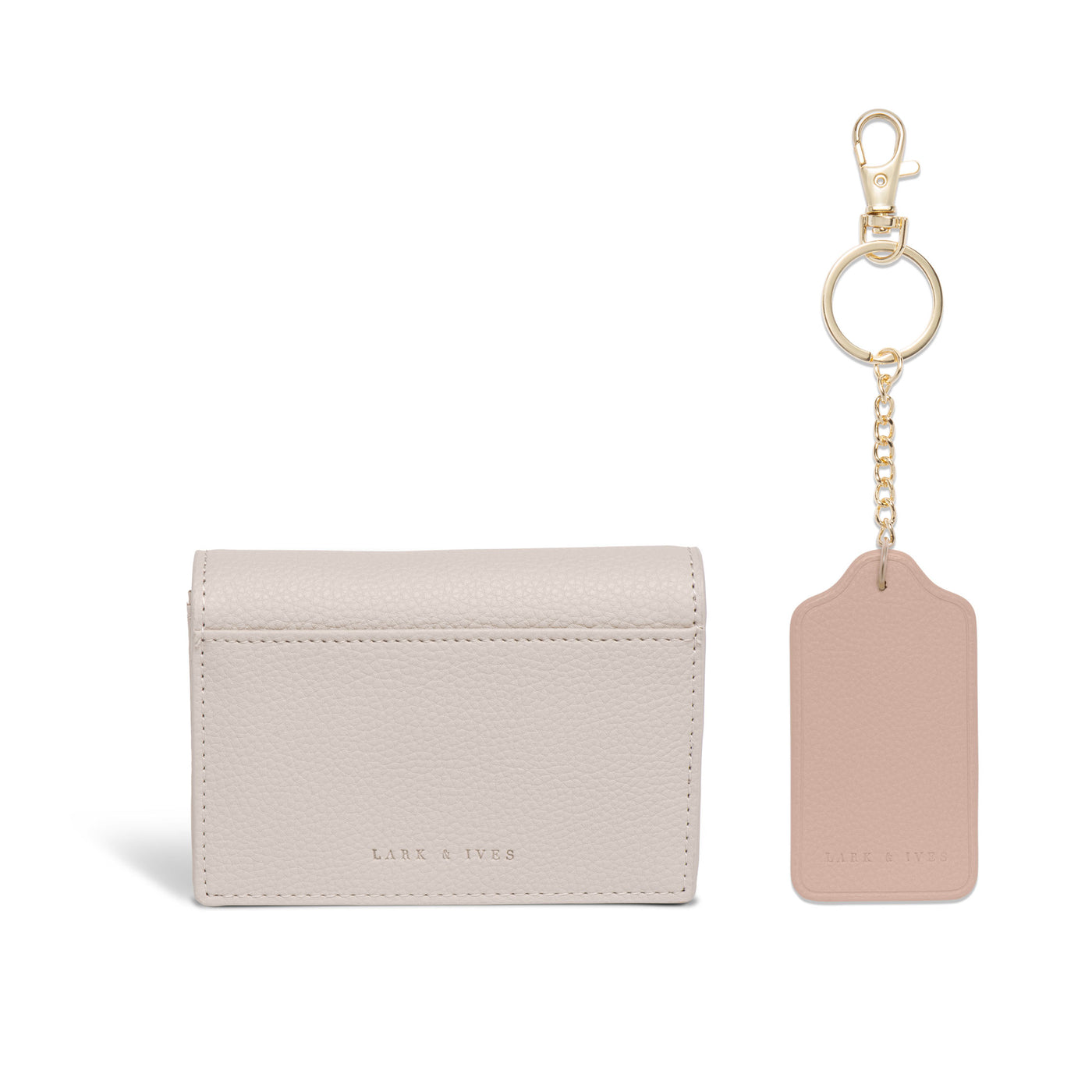 Lark and Ives / Vegan Leather Accessories / Small Accessories / Wallet / Mini Wallet / Card Case / Card Holder / Button snap closure / Fold Wallet / Tag Keychain / Keychain / Key Holder / Light Beige Card Case and Nude Pink Keychain