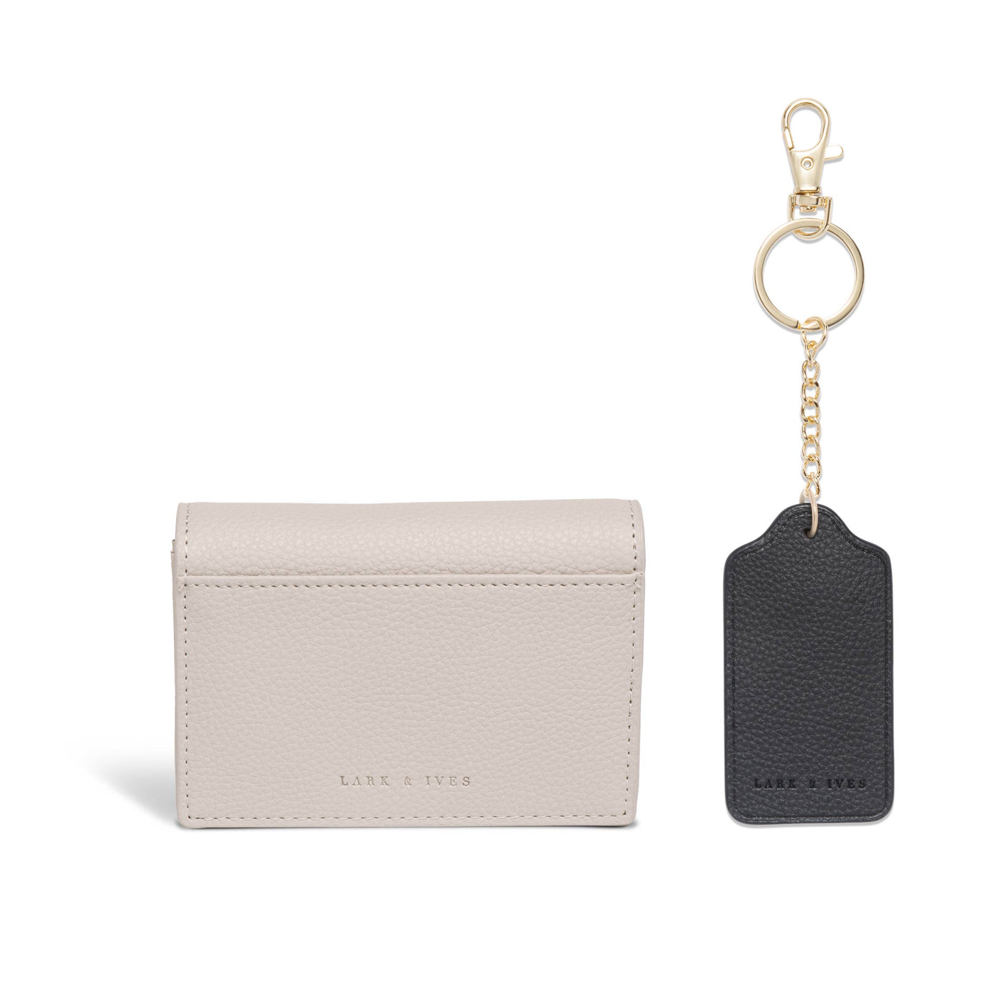 Lark and Ives / Vegan Leather Accessories / Small Accessories / Wallet / Mini Wallet / Card Case / Card Holder / Button snap closure / Fold Wallet / Tag Keychain / Keychain / Key Holder / Light Beige Card Case and Black Keychain
