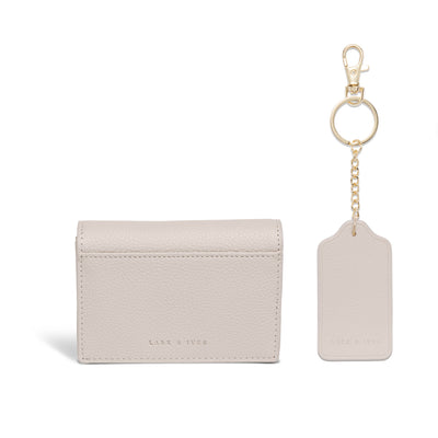 Lark and Ives / Vegan Leather Accessories / Small Accessories / Wallet / Mini Wallet / Card Case / Card Holder / Button snap closure / Fold Wallet / Tag Keychain / Keychain / Key Holder / Light Beige Card Case and Keychain