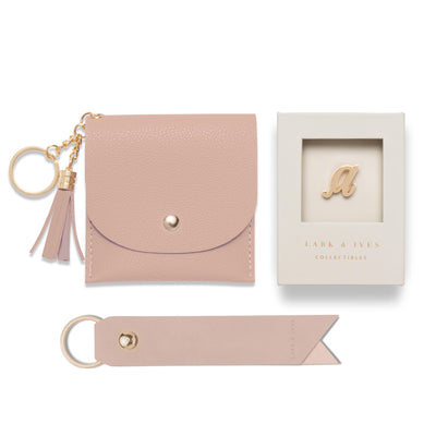 Lark and Ives / Vegan Leather Accessories / Small Accessories / Wallet / Mini Wallet / Card Case / Card Holder / Button snap closure / Flap Wallet / Card Purse with Gold Button and Keyring / Card Case with Keyholder and Monogram Lapel Pin 