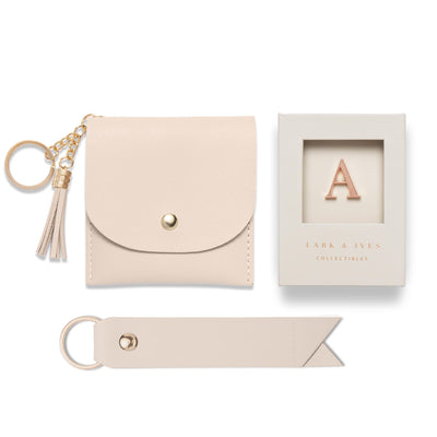 Lark and Ives / Vegan Leather Accessories / Small Accessories / Wallet / Mini Wallet / Card Case / Card Holder / Button snap closure / Flap Wallet / Card Purse with Gold Button and Keyring / Card Case with Keyholder and Monogram Lapel Pin 