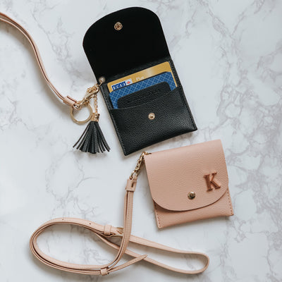 Lark and Ives / Vegan Leather Accessories / Card Purse with Lanyard Strap and Rose Gold Monogram Pin / Card Case / Black and Nude Card Purses