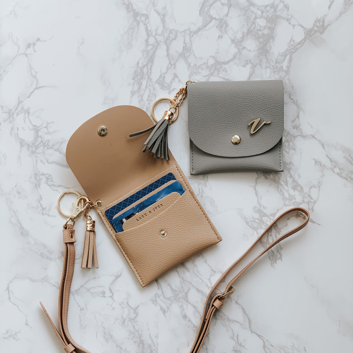 Lark and Ives / Vegan Leather Accessories / Card Purse with Lanyard Strap and Gold Monogram Pin / Card Case /  Brown and Grey Card Purses